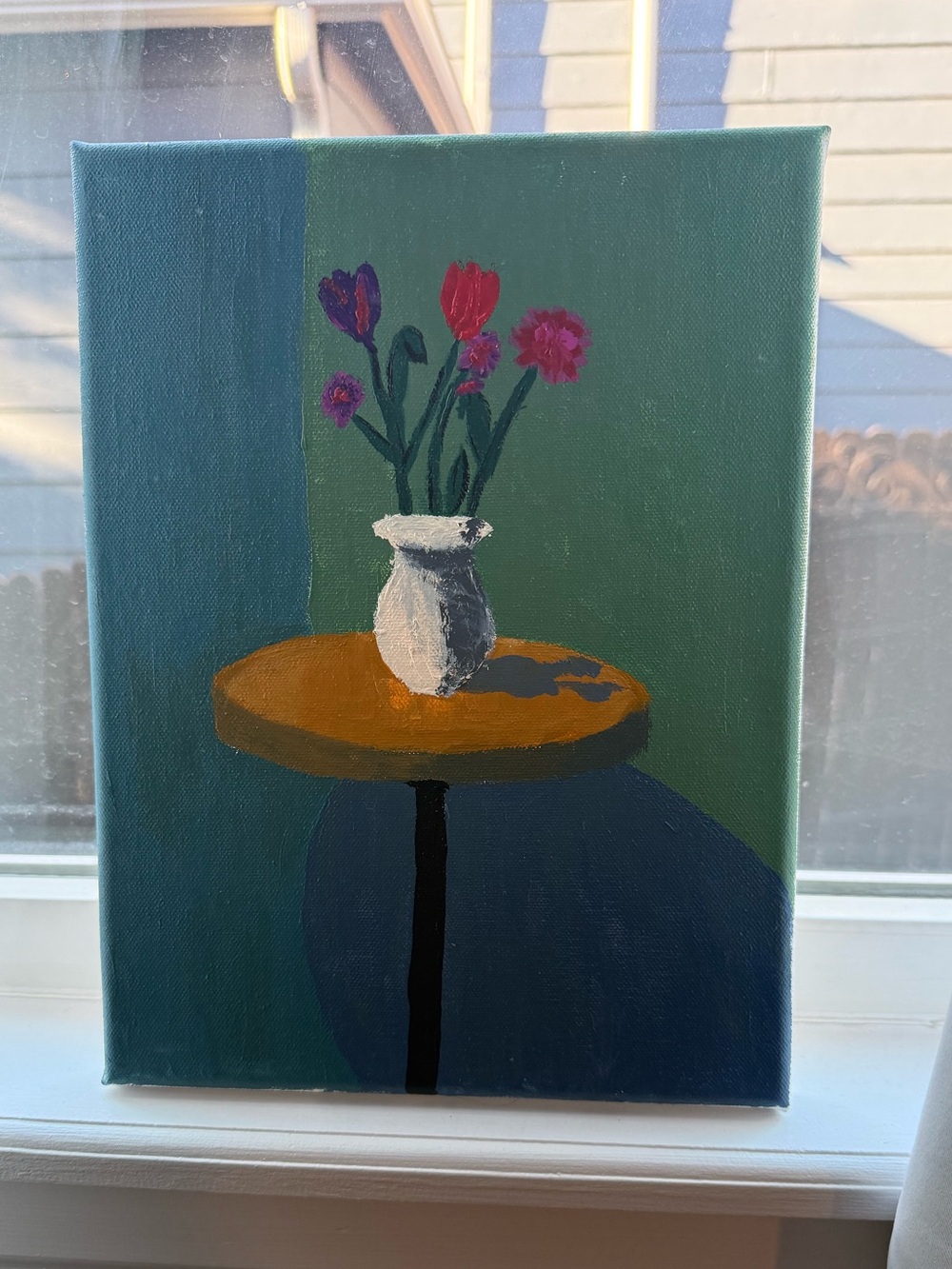 Handmade Still Life Floral Canvas Painting - Pink & Red Tulips Flowers